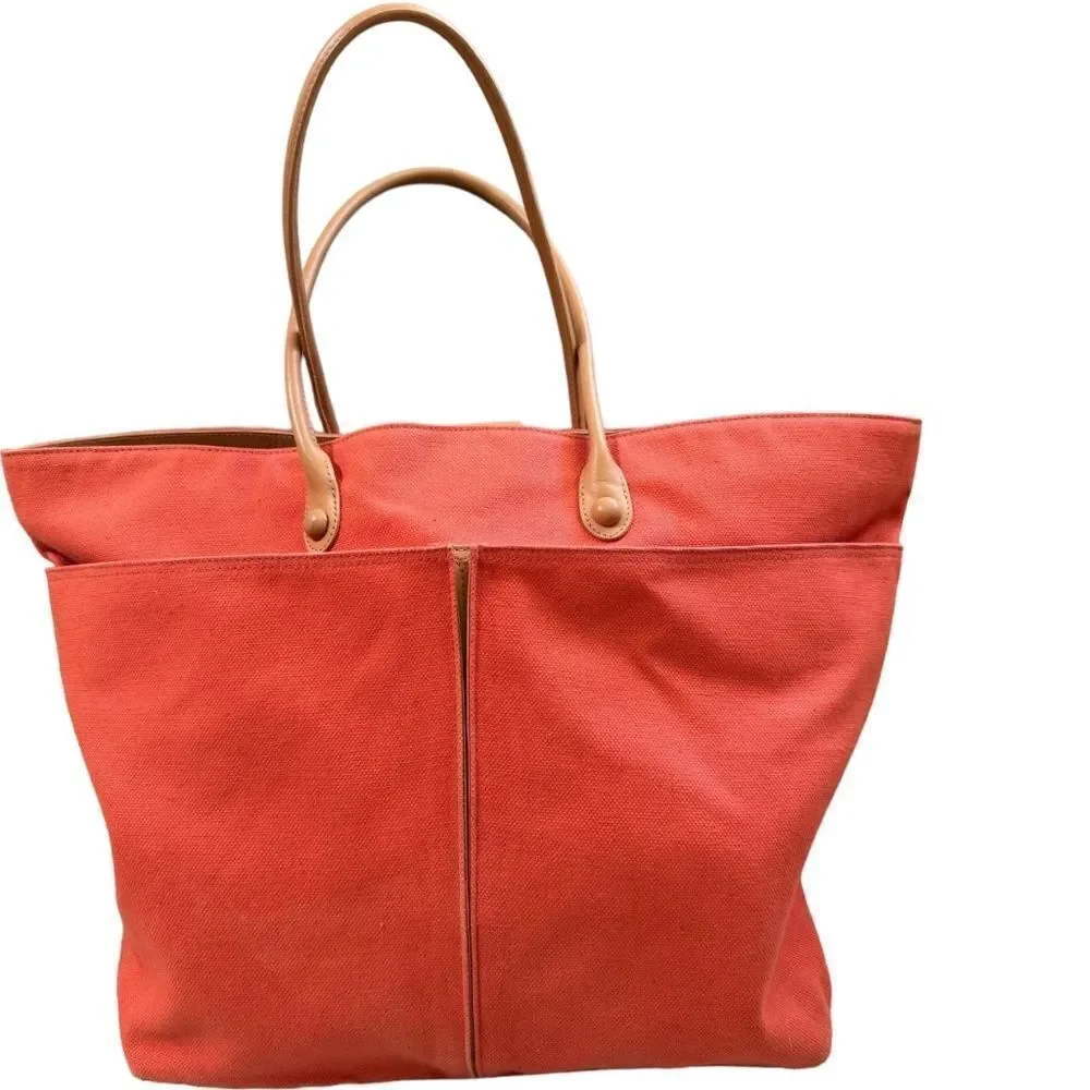 TUSK ITALIAN ORANGE BLUSH CANVAS TOTE HUGE W LARGE FRONT POCKETS, LEATHER STRAPS - Picture 1 of 11